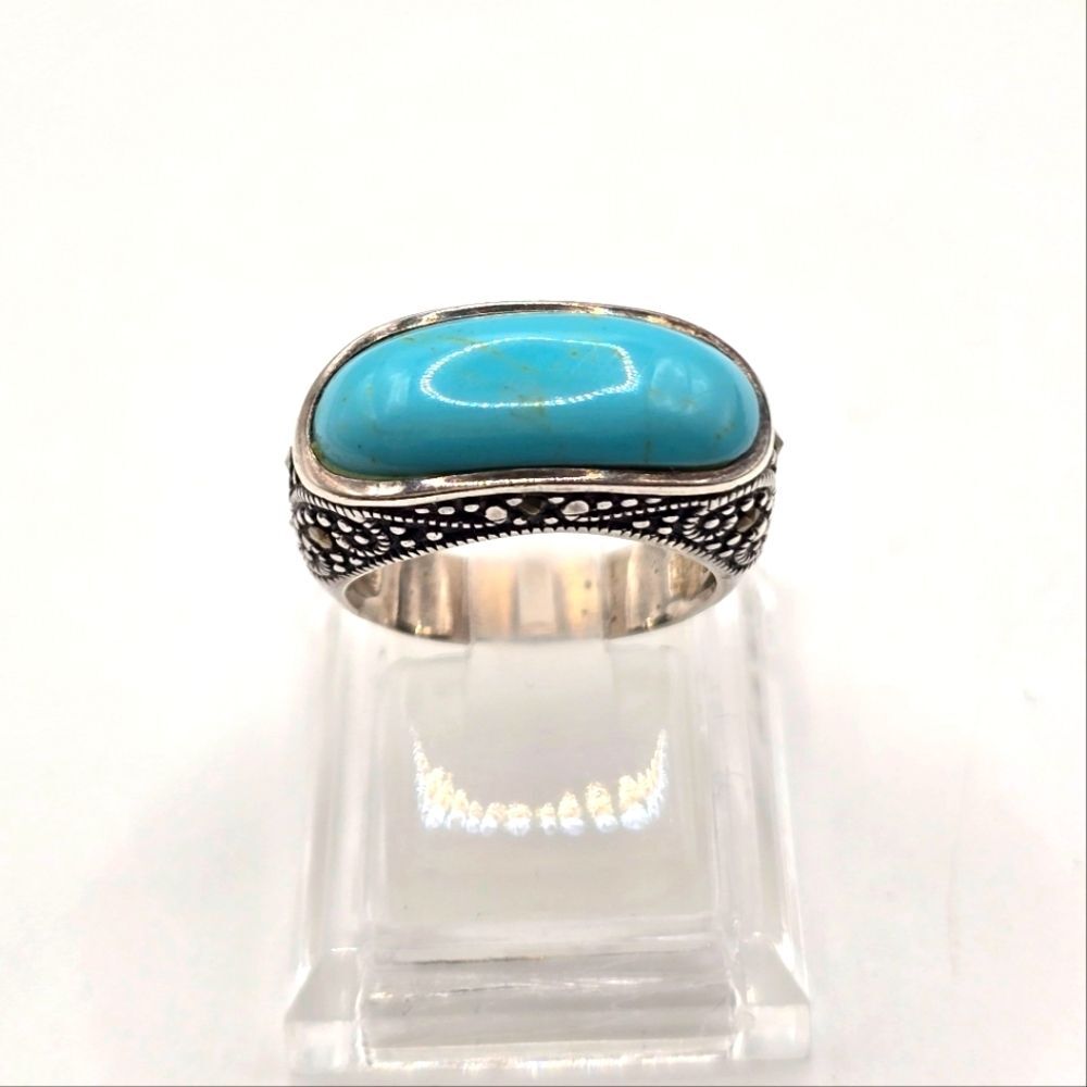 Château d'Argent Turquoise Inlay Silver Ring Size 7